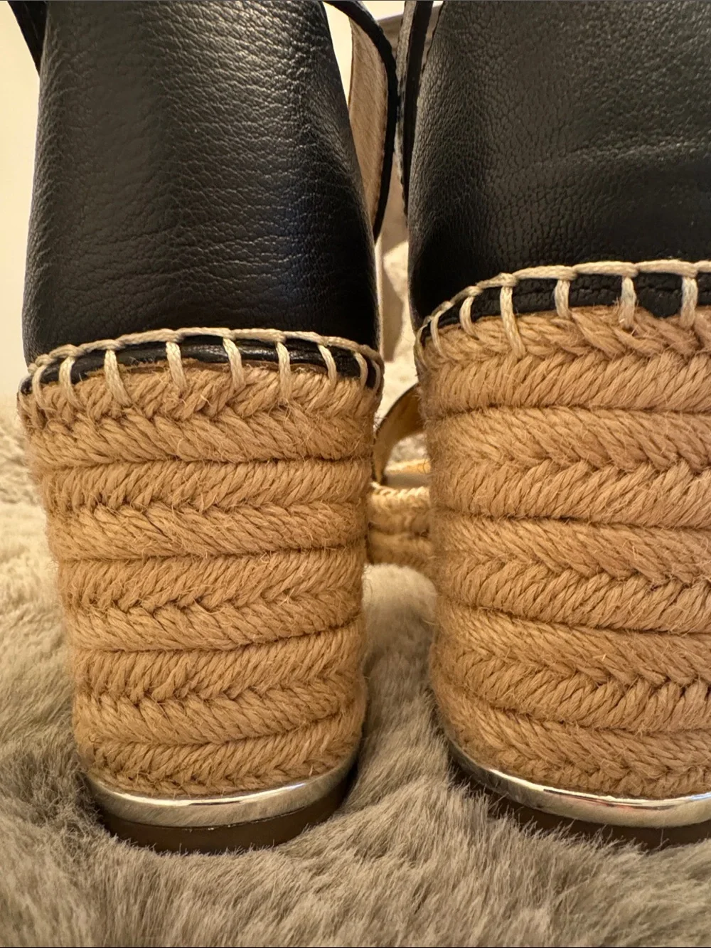 Franco Sarto Black Leather Espadrille Wedge Sandals with Ankle Strap